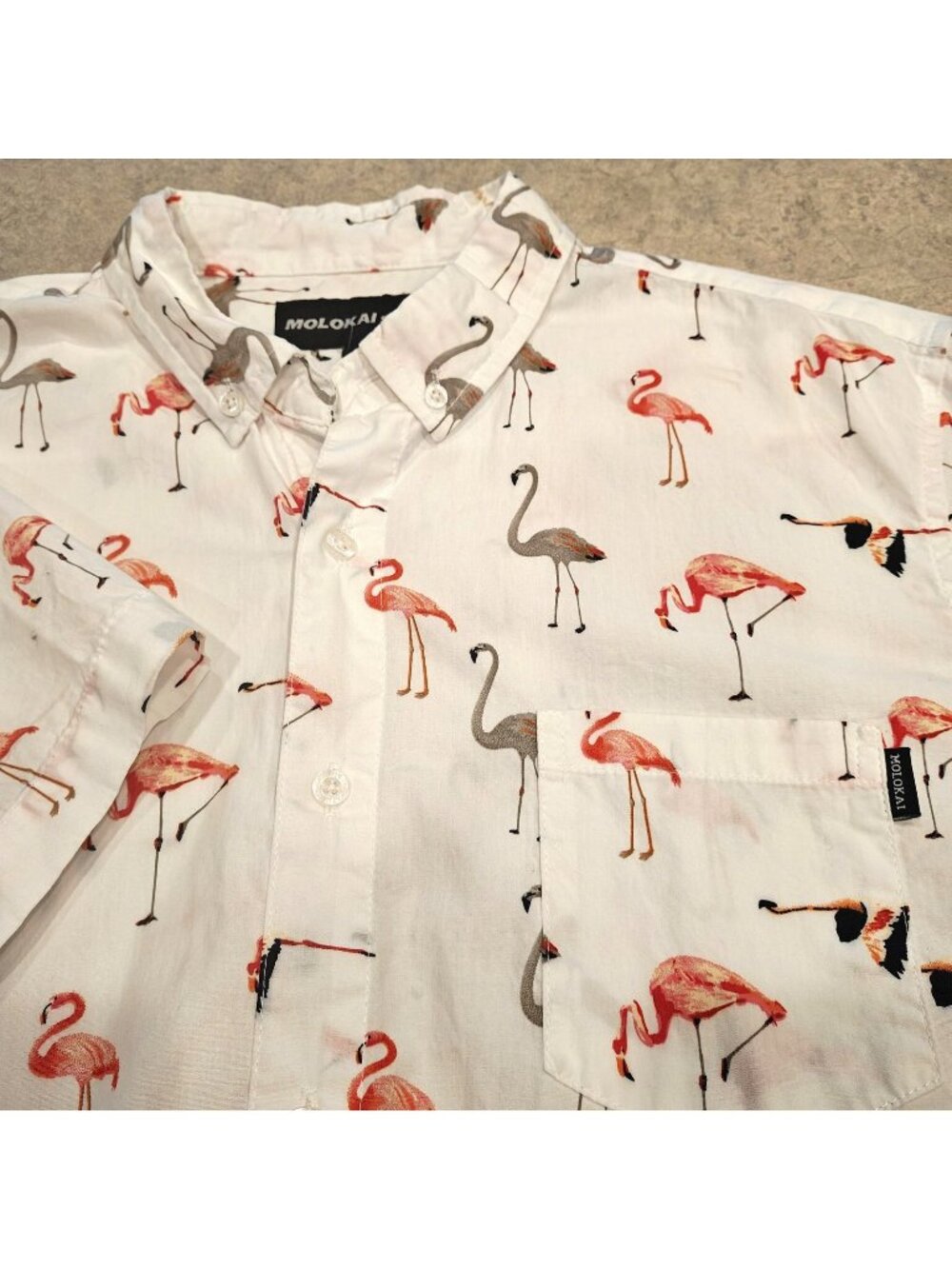Molokai Surf Co Flamingo Shirt Mens L White Hawaiian Button Down Short Sleeve